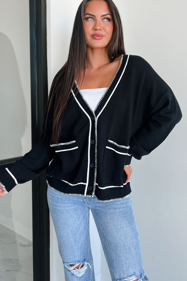 Telling Stories Contrast Trim Cardigan (Black/White) - NanaMacs