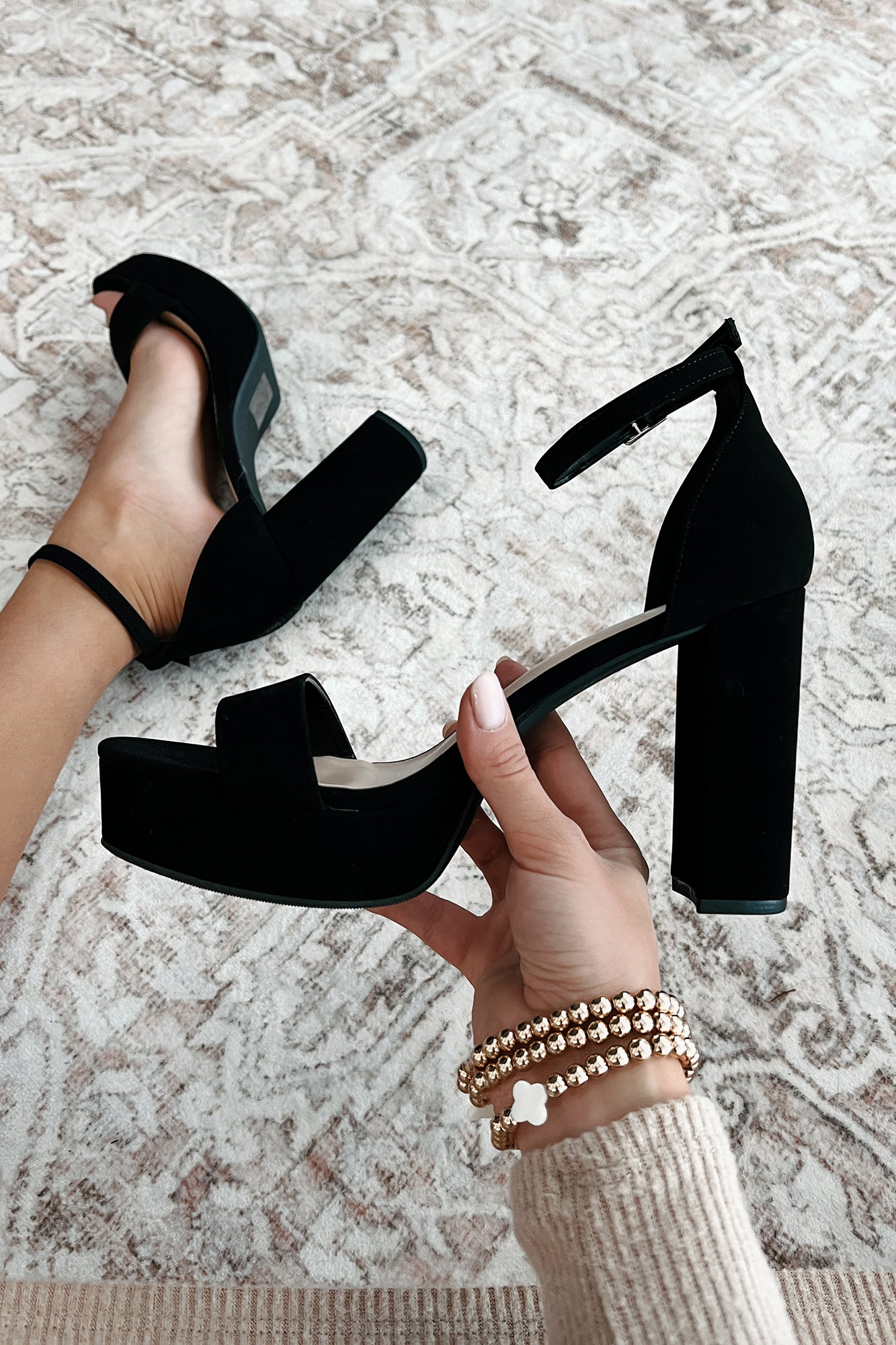 Walking Daydream Open Toe Platform Heels (Black Nubuck)