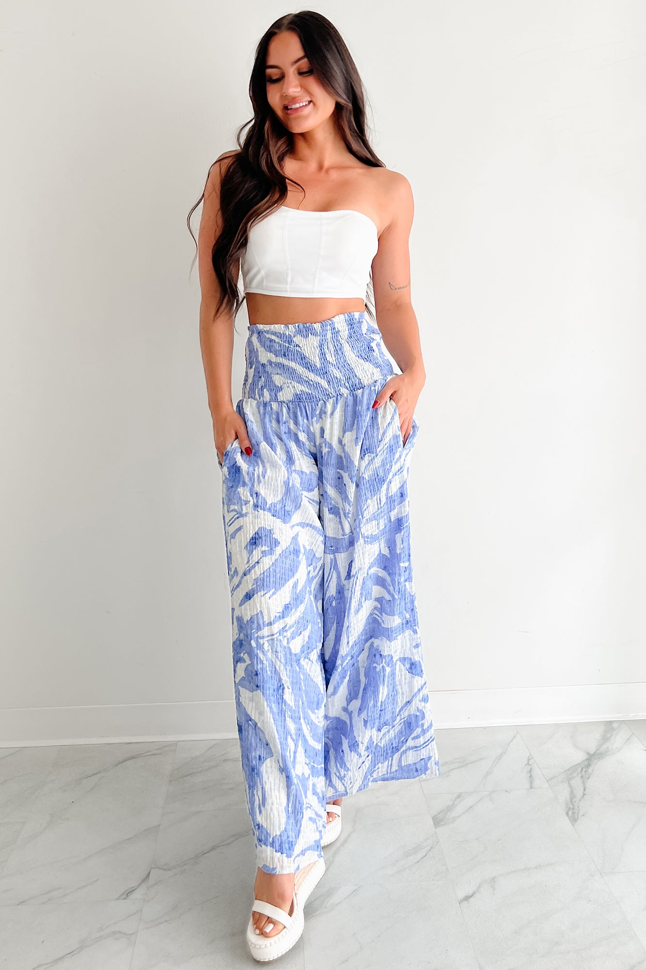 Iconic Option Printed Smocked Wide Leg Pants (Blue) · NanaMacs