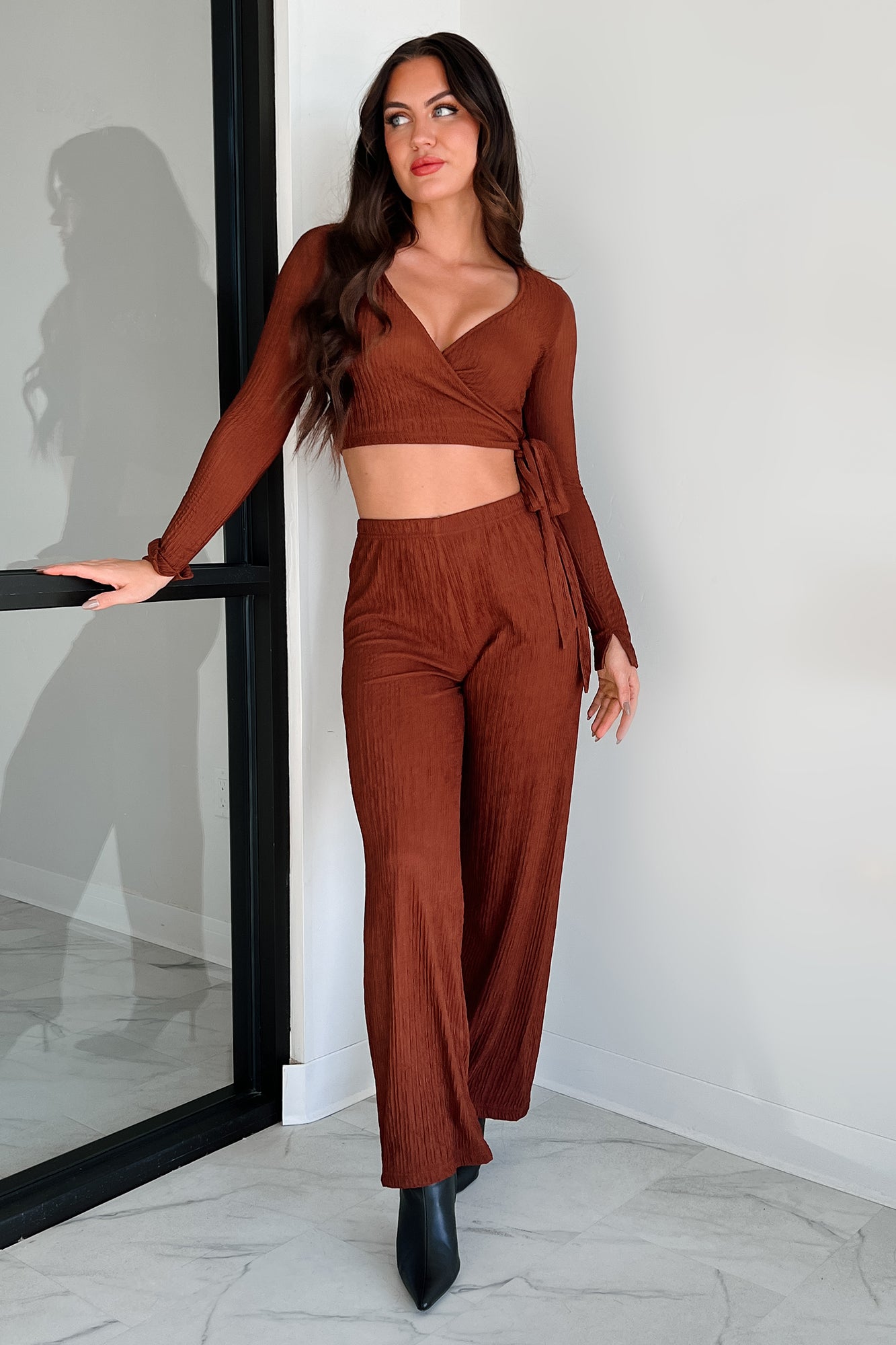 Following My Intuition Crinkled Plisse Wrap Top & Pants Set (Ancora Red) - NanaMacs