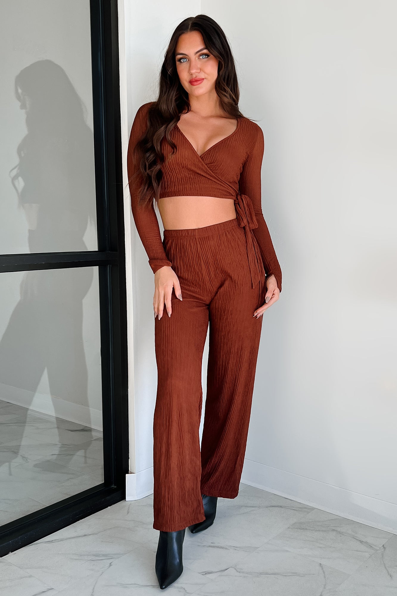 Following My Intuition Crinkled Plisse Wrap Top & Pants Set (Ancora Red) - NanaMacs