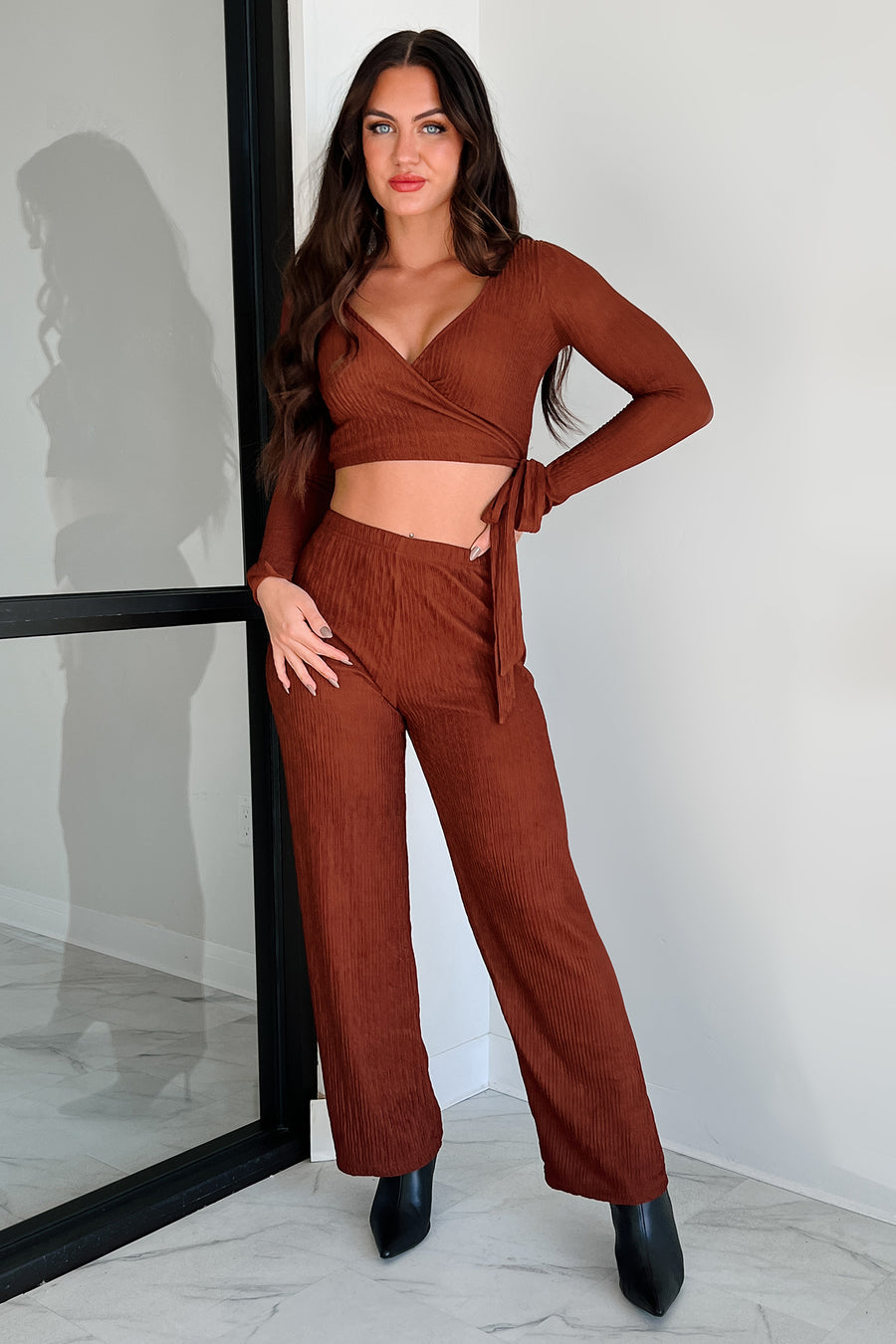 Following My Intuition Crinkled Plisse Wrap Top & Pants Set (Ancora Red) - NanaMacs