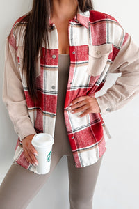 Selfish Decisions Corduroy Sleeve Plaid Shacket (Ruby) - NanaMacs