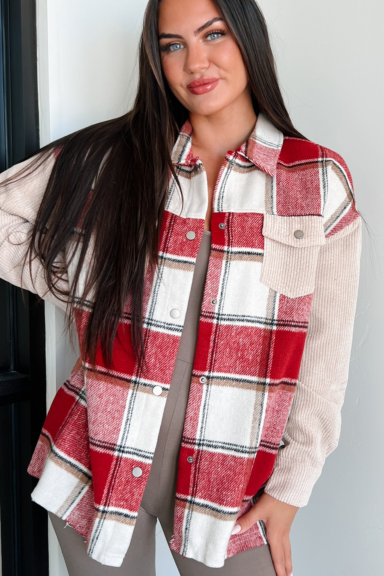 Selfish Decisions Corduroy Sleeve Plaid Shacket (Ruby) - NanaMacs