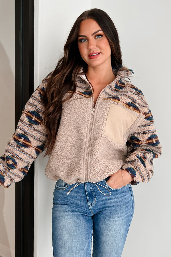 Santa Fe Sunsets Aztec Sherpa Jacket (Taupe Combo) - NanaMacs