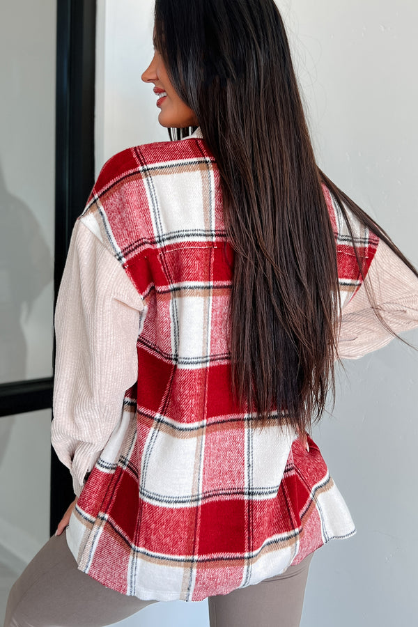 Selfish Decisions Corduroy Sleeve Plaid Shacket (Ruby) - NanaMacs