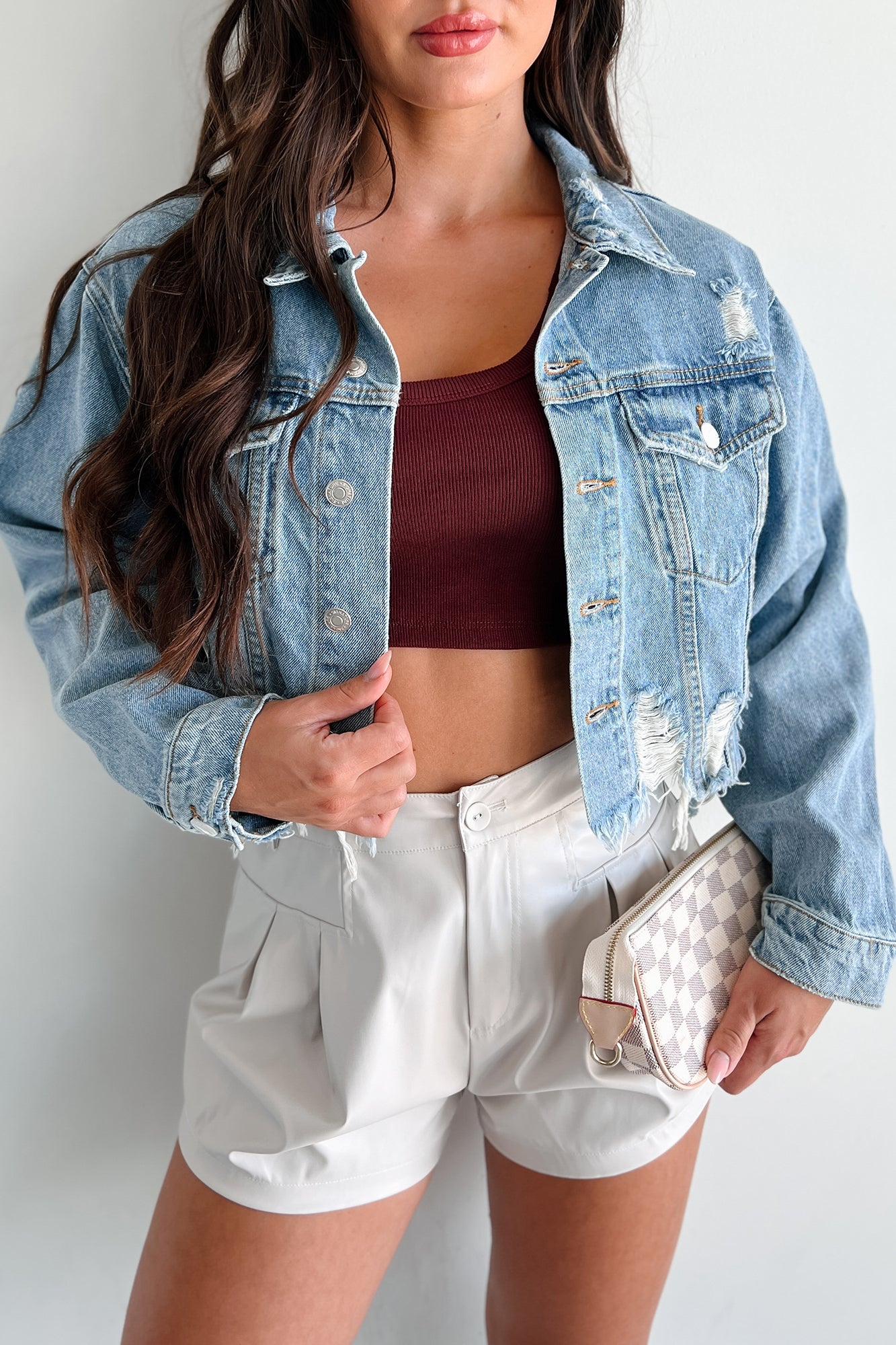 Cairo Distressed Denim Crop Jacket (Medium Denim) - NanaMacs