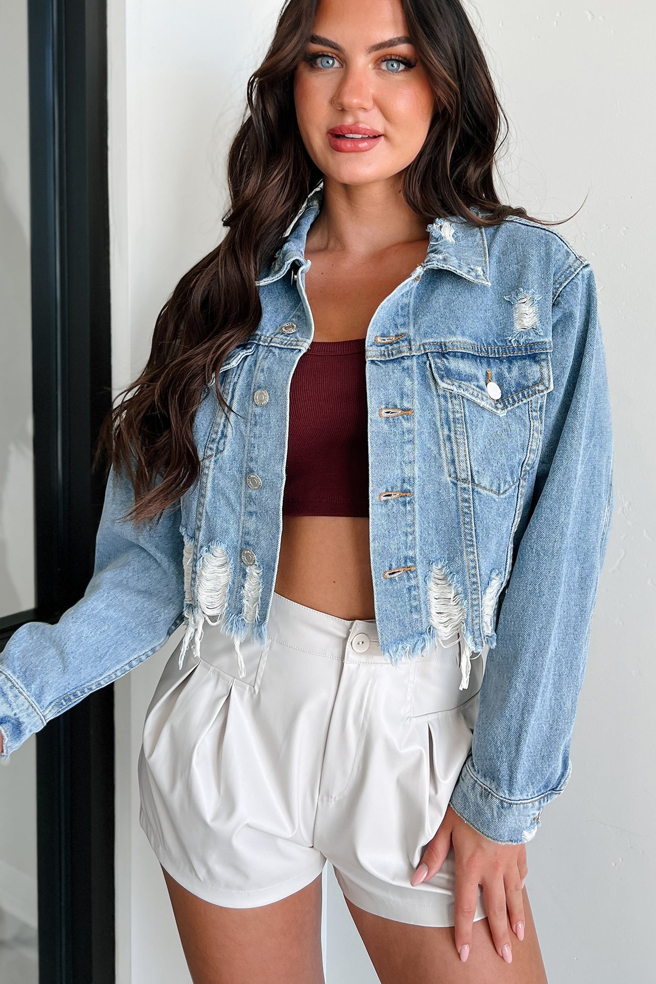 Cairo Distressed Denim Crop Jacket (Medium Denim)