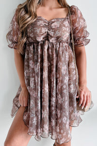 Single & Sweet Floral Organza Babydoll Dress (Brown) - NanaMacs