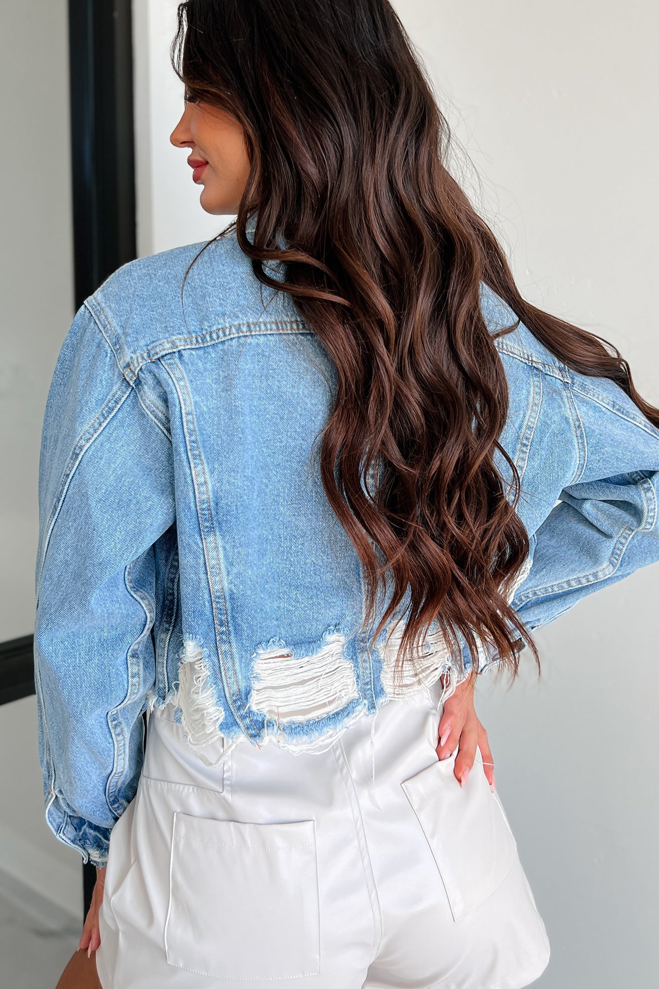 Cairo Distressed Denim Crop Jacket (Medium Denim)