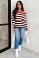 Savor The View Striped Off The Shoulder Sweater (Burgundy) - NanaMacs