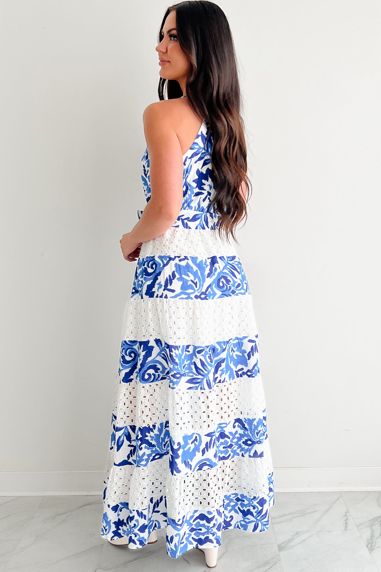 blue lace layered dress Women's Only Ever You Eyelet Lace Tiered Maxi Dress in Blue