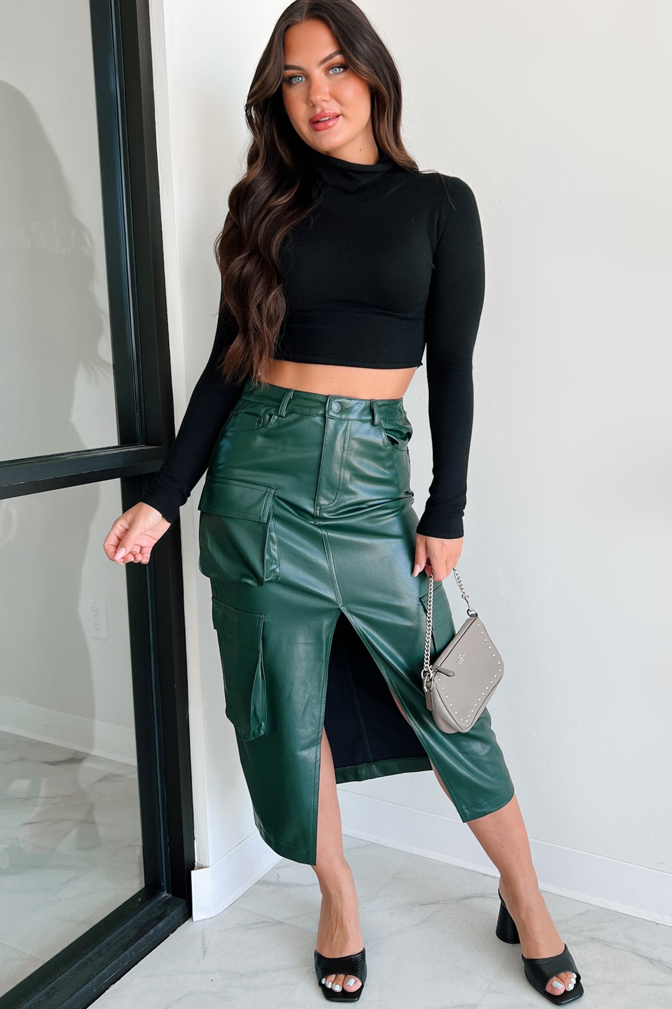 Shattering Norms Faux Leather Cargo Midi Skirt (Dark Green) - NanaMacs