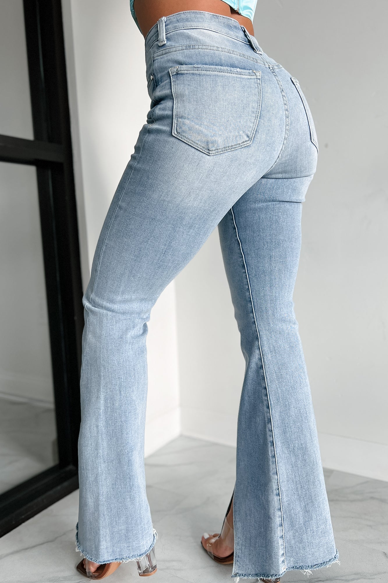 Calliope High Rise Split Hem Risen Flare Jeans (Light) · NanaMacs