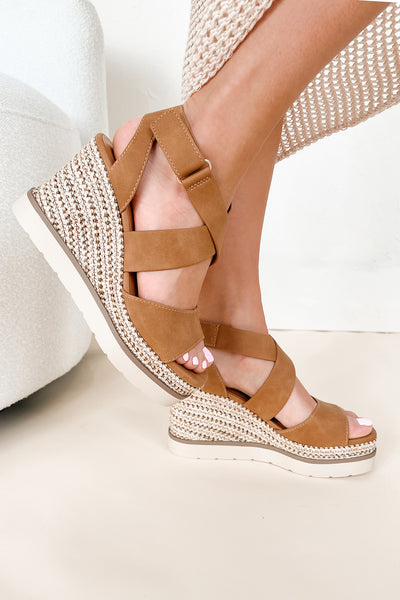 Choice Words Platform Wedge Heeled Sandals (Tan) - NanaMacs