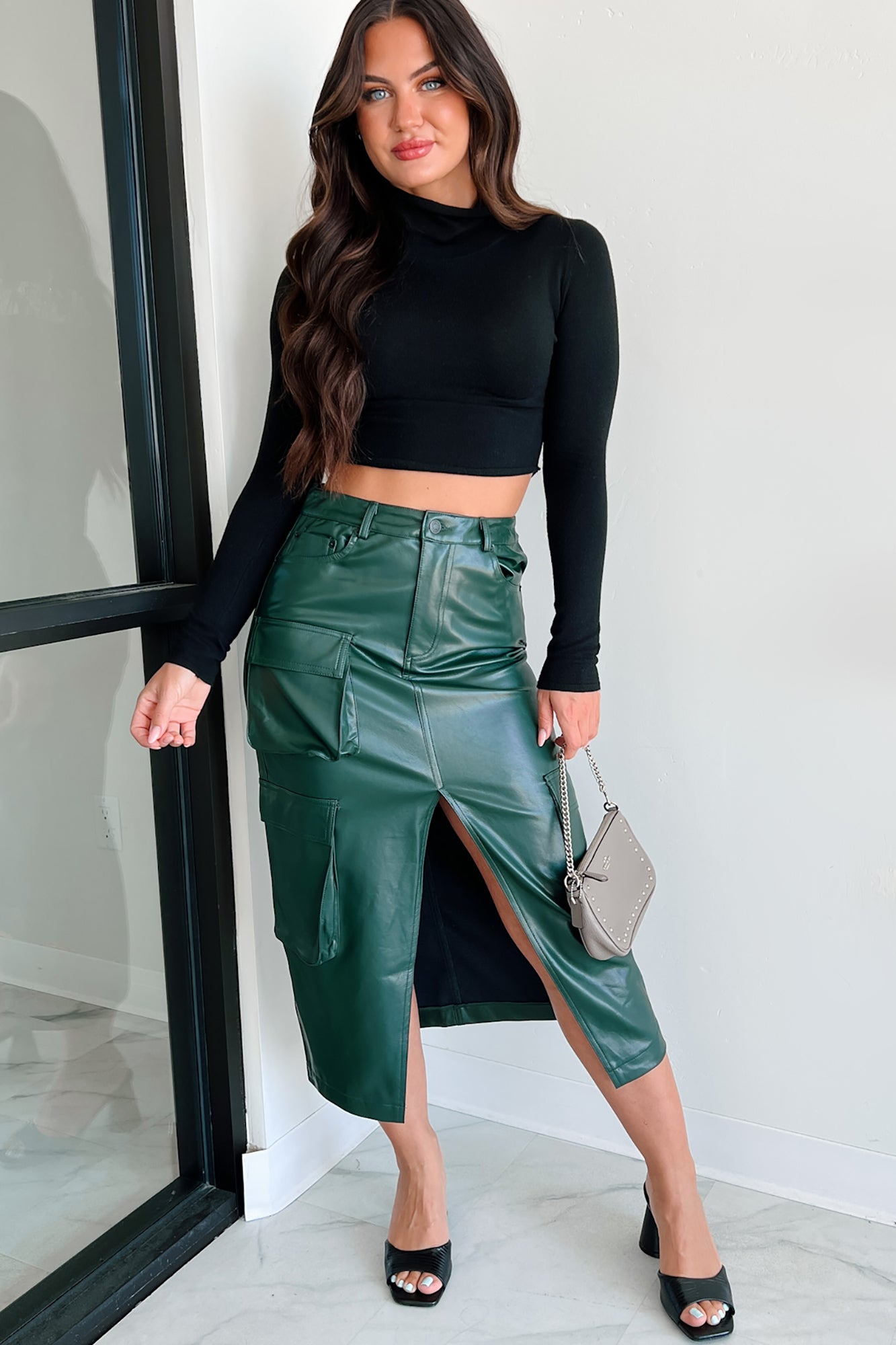 Shattering Norms Faux Leather Cargo Midi Skirt (Dark Green)