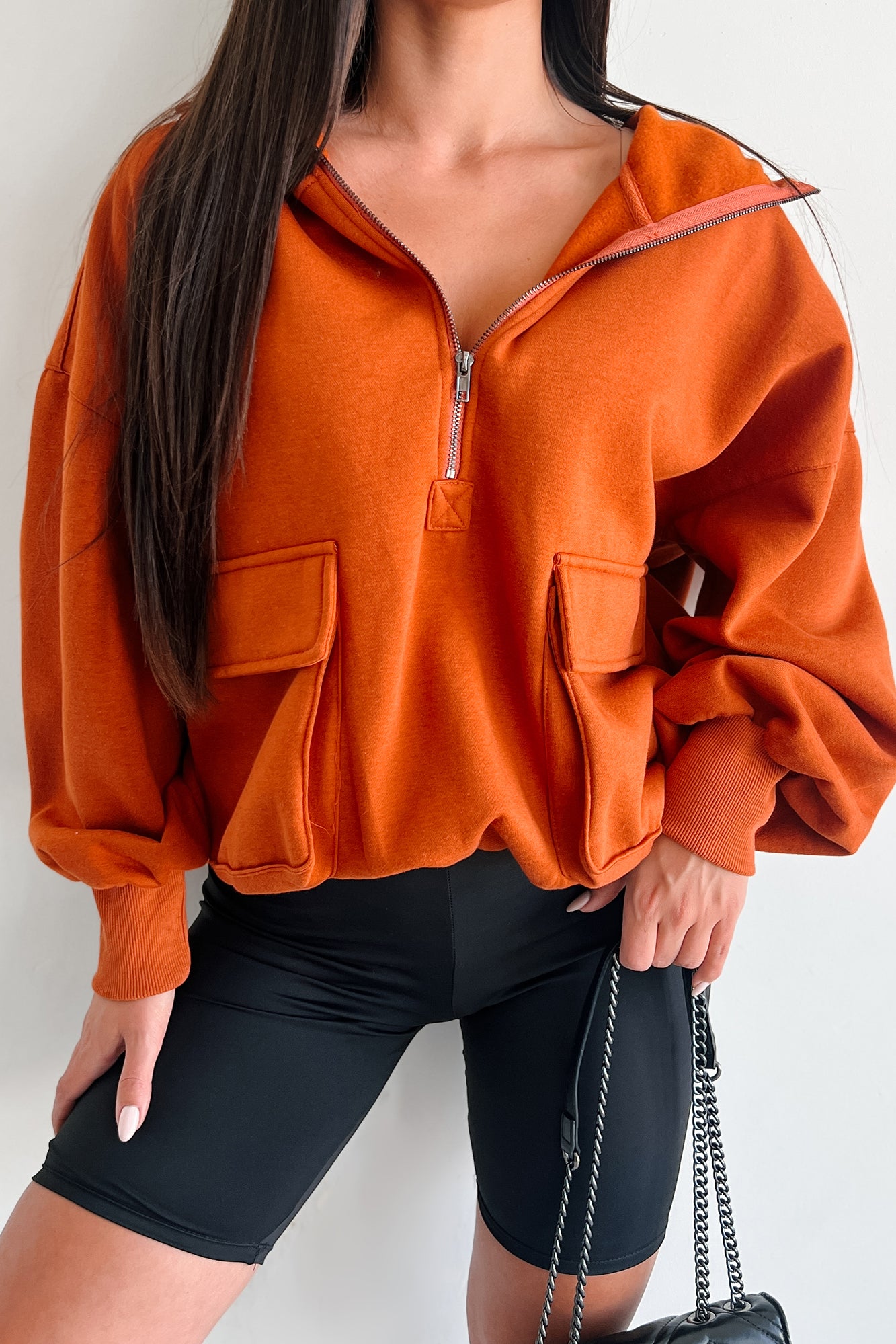 She's Cool Cargo Pocket Half-Zip Hoodie (Vintage Rust) - NanaMacs