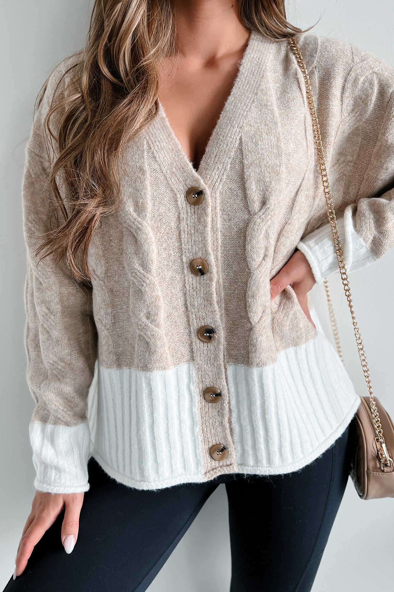 Anything Is Possible Mixed Knit Colorblock Cardigan (Taupe/White) - NanaMacs