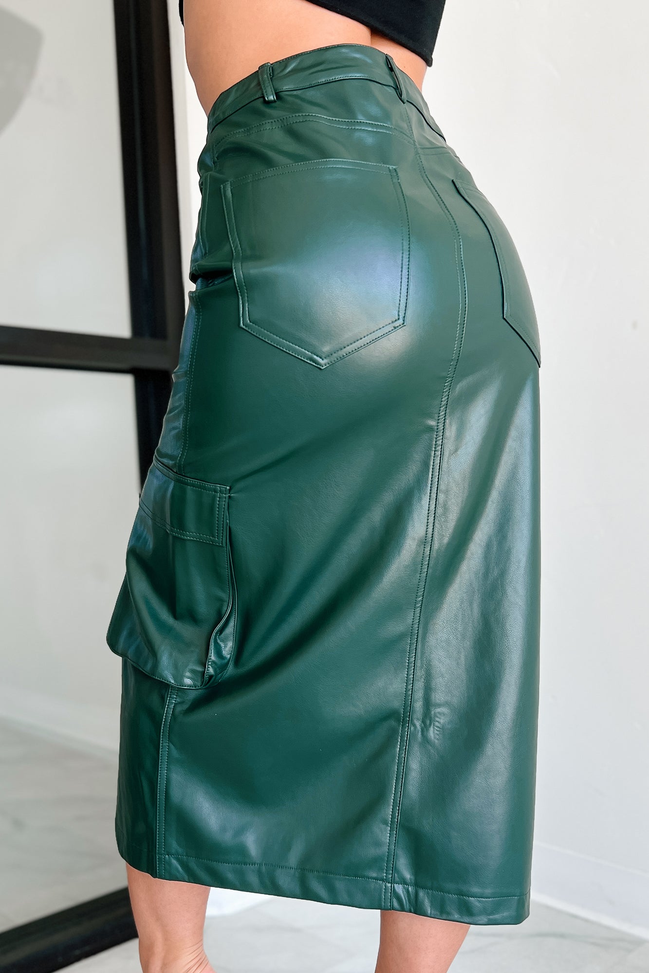 Shattering Norms Faux Leather Cargo Midi Skirt (Dark Green) - NanaMacs