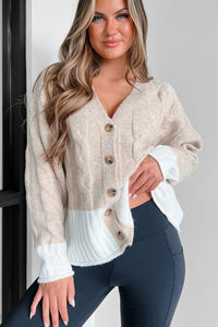 Anything Is Possible Mixed Knit Colorblock Cardigan (Taupe/White) - NanaMacs