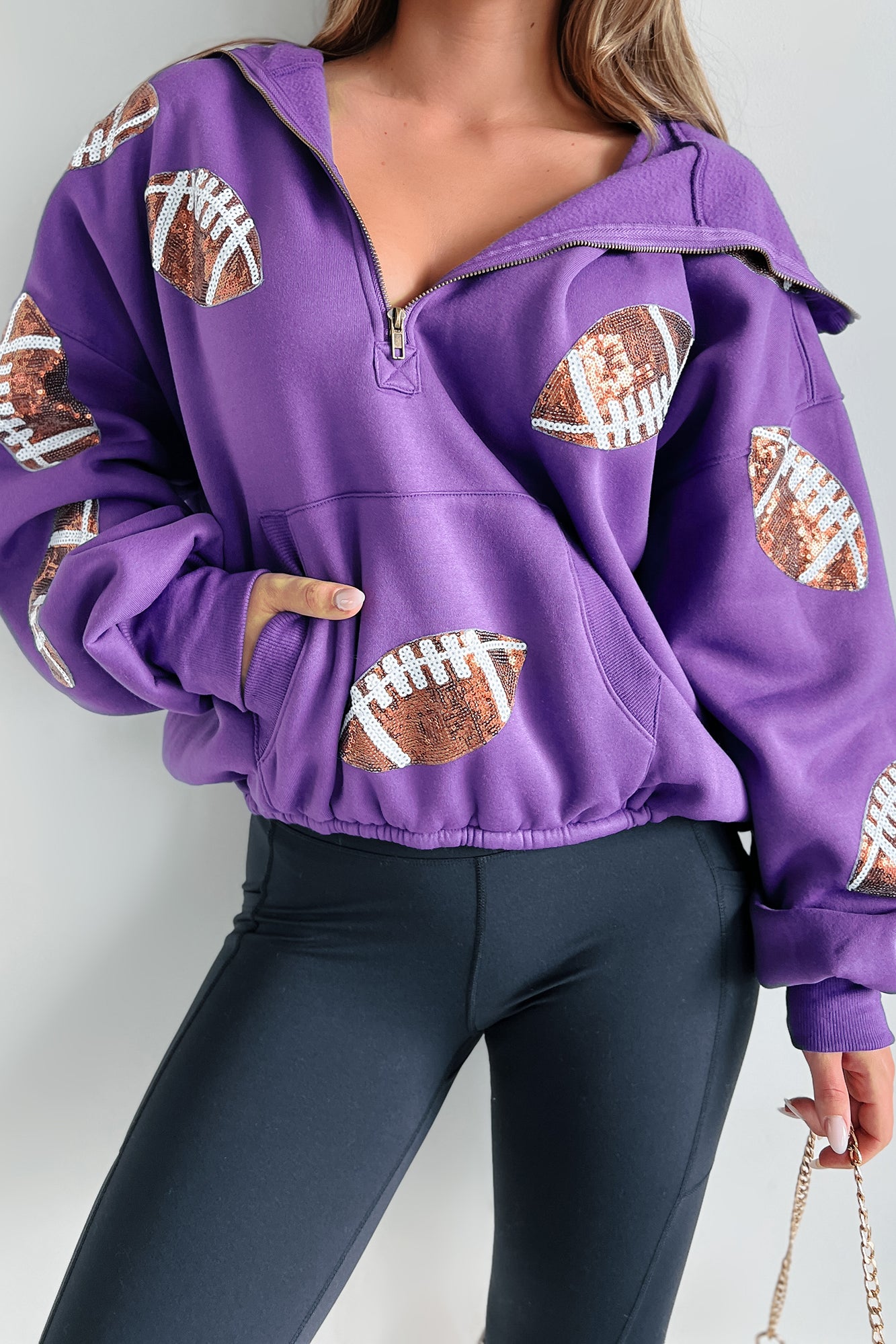 Kickoff Time Half-Zip Sequin Football Patch Hoodie (Purple) - NanaMacs