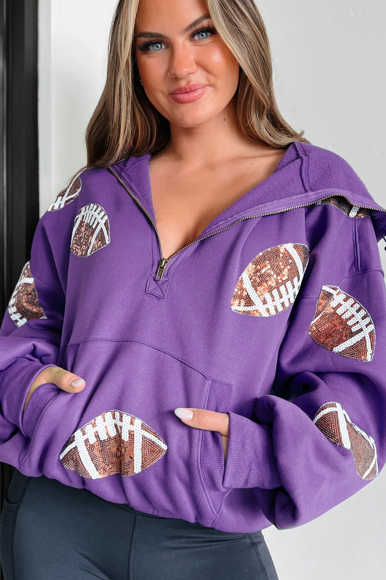 Kickoff Time Half-Zip Sequin Football Patch Hoodie (Purple) - NanaMacs