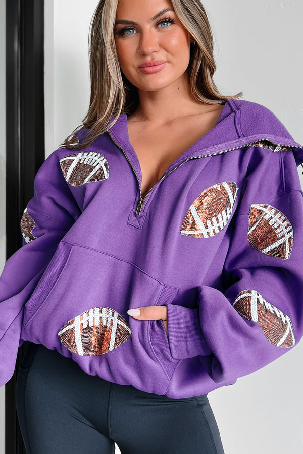 Kickoff Time Half-Zip Sequin Football Patch Hoodie (Purple) - NanaMacs