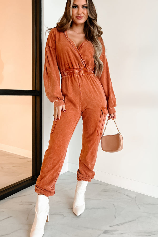 Capable Of Anything Mineral Wash Surplice Jumpsuit (Burnt Orange) - NanaMacs