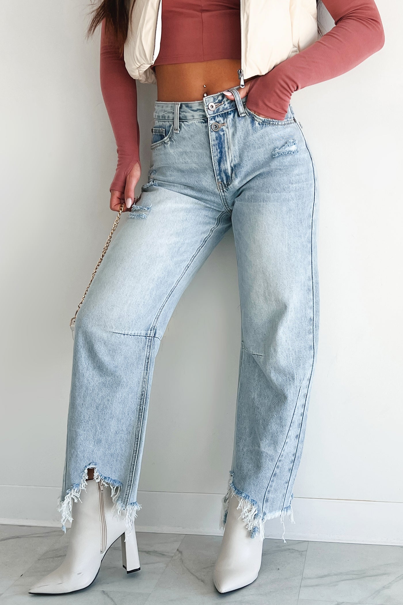 Pax Special A High Rise Distressed Hem Barrel Jeans (Medium Light) - NanaMacs