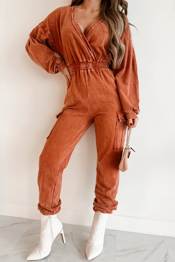 Capable Of Anything Mineral Wash Surplice Jumpsuit (Burnt Orange) - NanaMacs