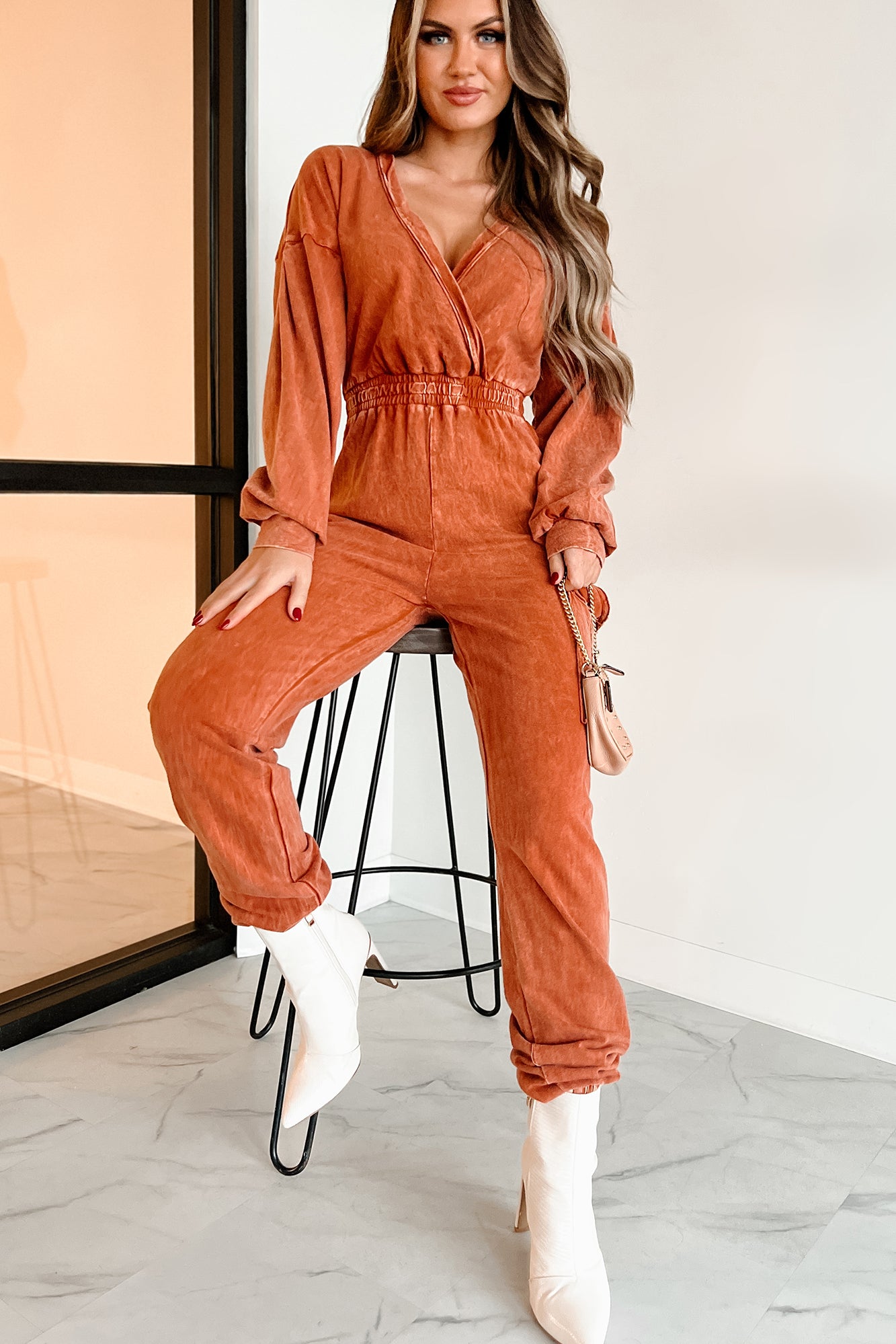 Capable Of Anything Mineral Wash Surplice Jumpsuit Burnt Orange NanaMacs