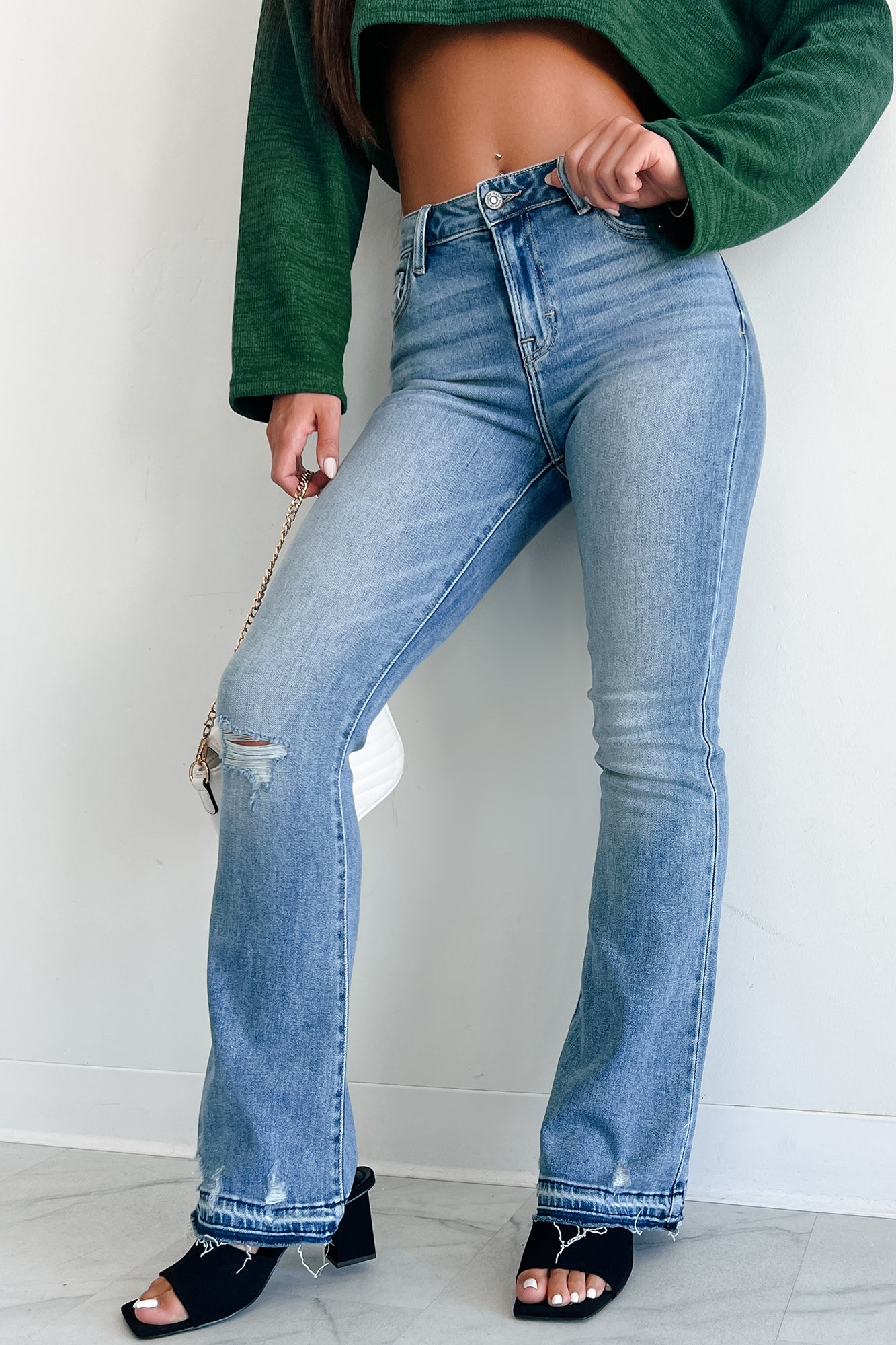 Lost Cause Mid-Rise Vintage Wash Distressed Flare Jeans (Vintage) - NanaMacs