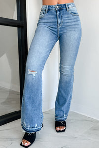 Lost Cause Mid-Rise Vintage Wash Distressed Flare Jeans (Vintage) - NanaMacs