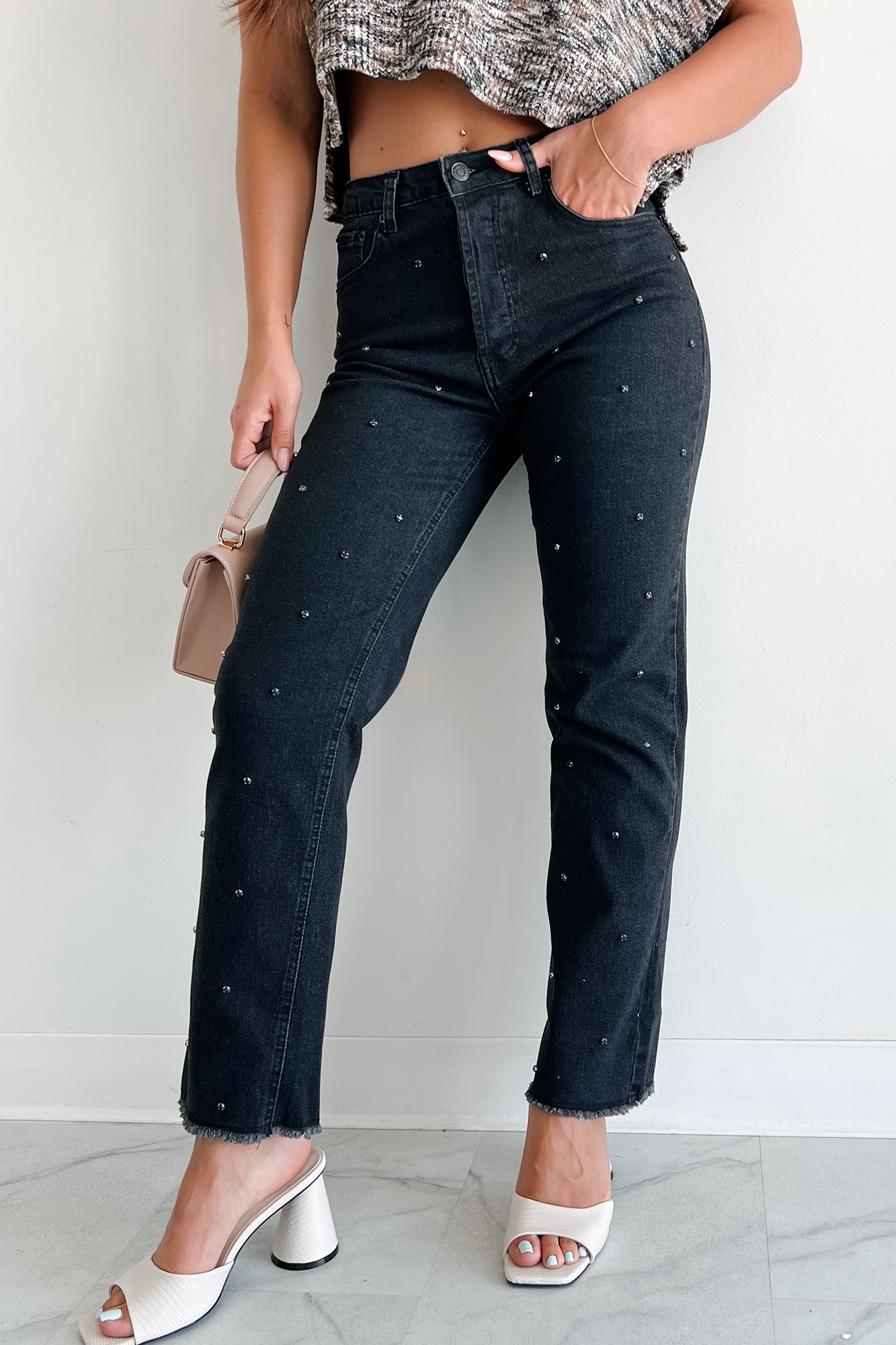 Always Relevant Embellished Straight Leg Jeans (Washed Black) - NanaMacs