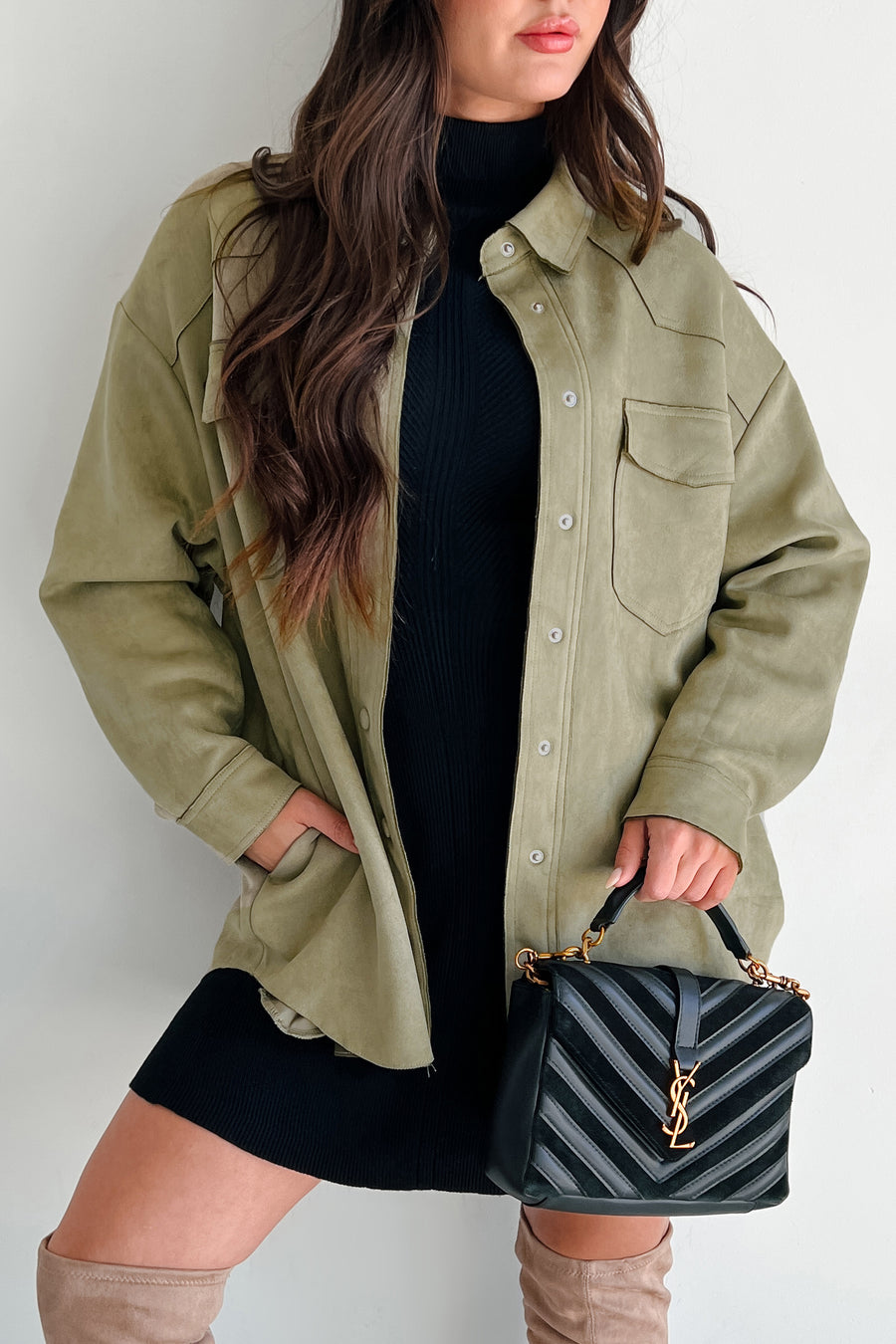 Heading To Town Oversized Faux Suede Shacket (Olive) - NanaMacs