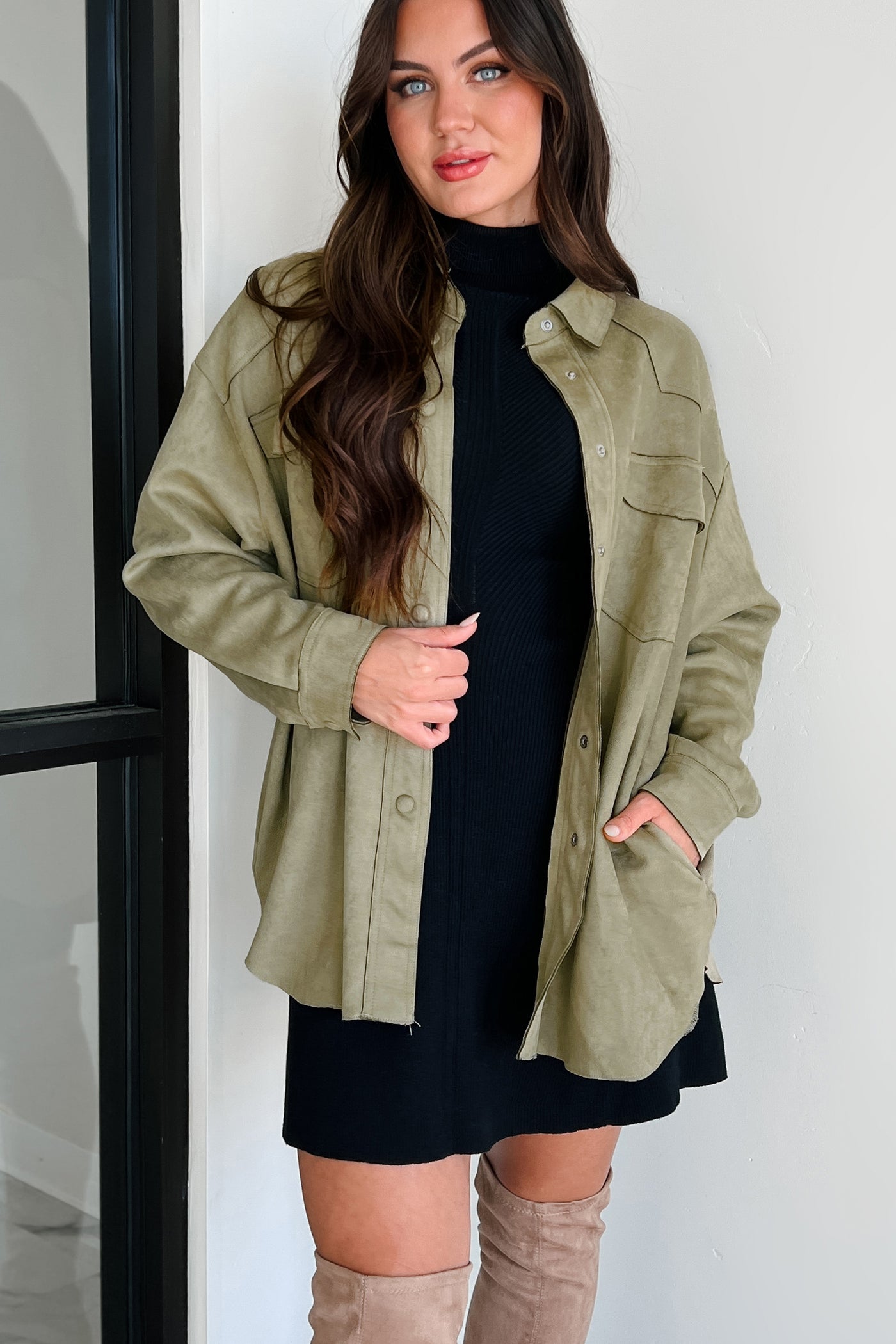 Heading To Town Oversized Faux Suede Shacket (Olive) - NanaMacs