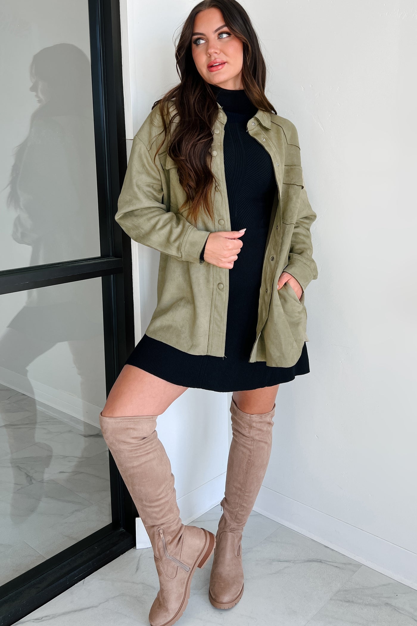 Heading To Town Oversized Faux Suede Shacket (Olive) - NanaMacs