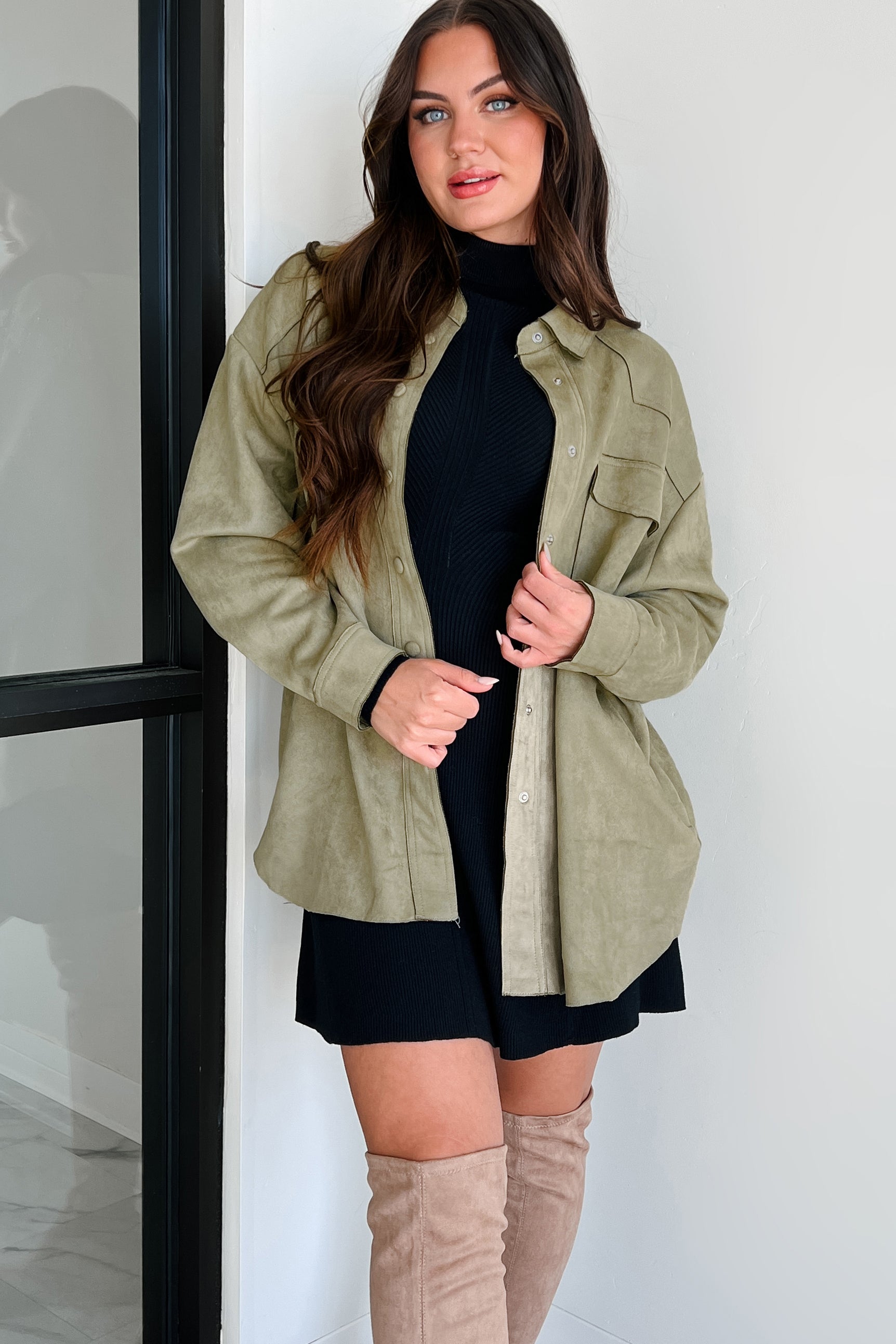 Heading To Town Oversized Faux Suede Shacket (Olive) · NanaMacs