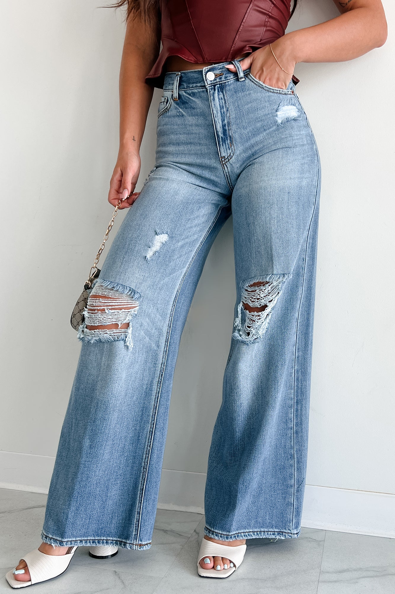 Devlin Cello Distressed Knee Wide Leg Jeans (Medium Light Wash) - NanaMacs