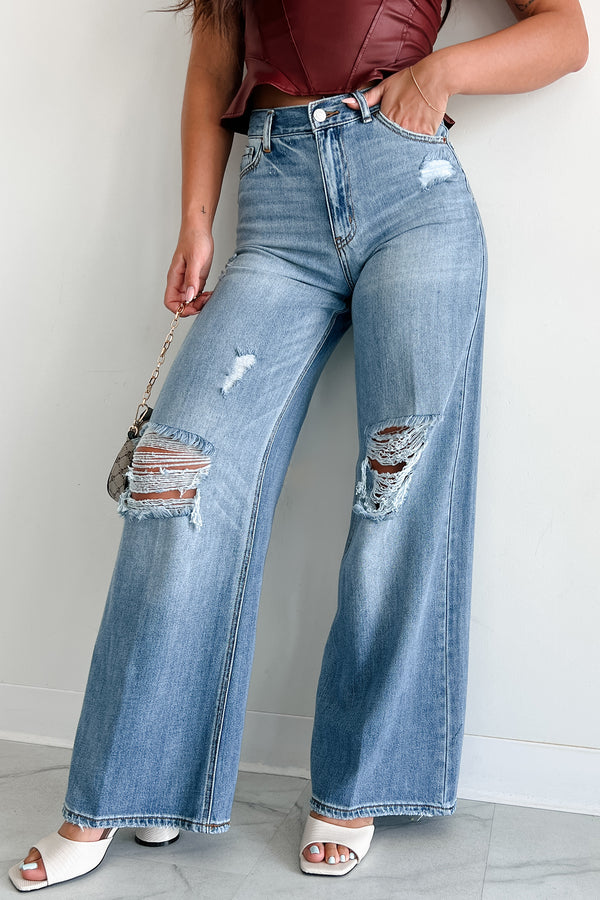 Devlin Cello Distressed Knee Wide Leg Jeans (Medium Light Wash) - NanaMacs