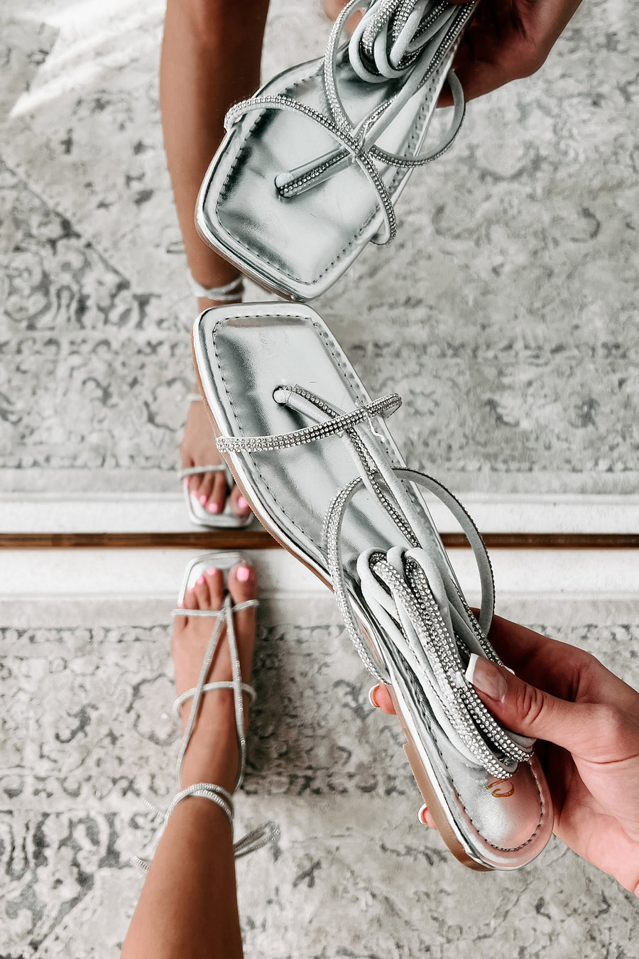 Boujee Summers Ankle Wrap Rhinestone Thong Sandals (Silver) - NanaMacs