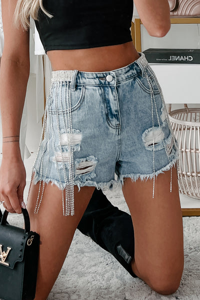 Layton Rhinestone Fringe Distressed Denim Shorts (Light Wash) - NanaMacs