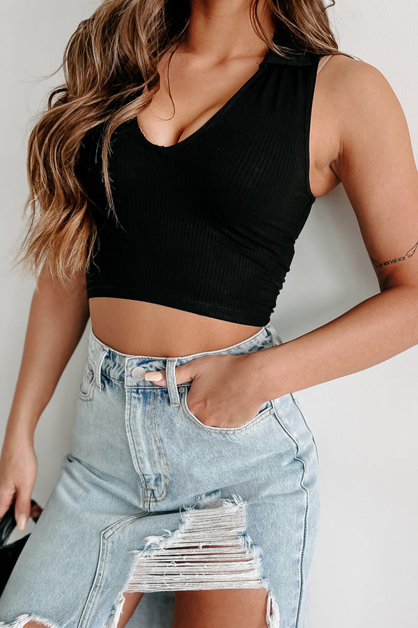 Inspired & Desired Collared V-Neck Crop Top (Black) - NanaMacs