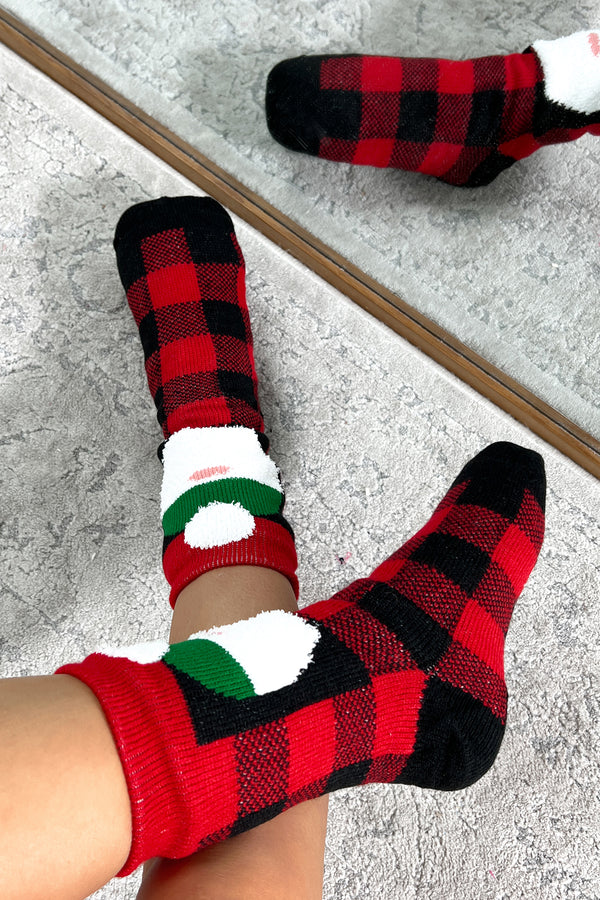 Doorbuster Cozy Kringle Sherpa Lined Plaid Santa Socks (Black/Red) - NanaMacs