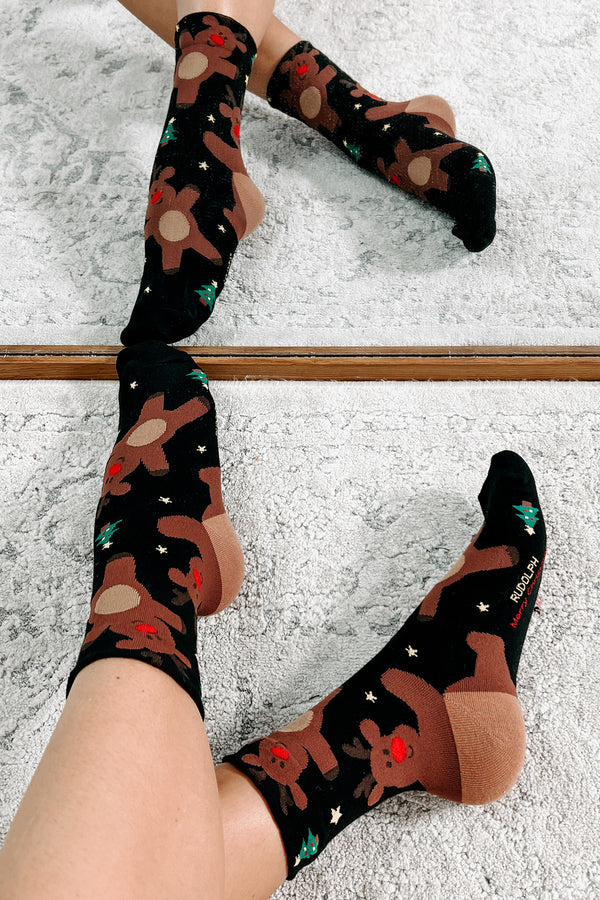 Doorbuster Hoof Prints In The Snow Reindeer Print Socks (Black) - NanaMacs