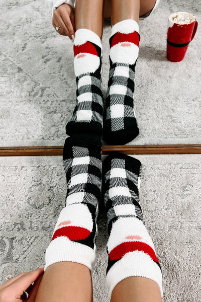 Doorbuster Cozy Kringle Sherpa Lined Plaid Santa Socks (White/Black) - NanaMacs