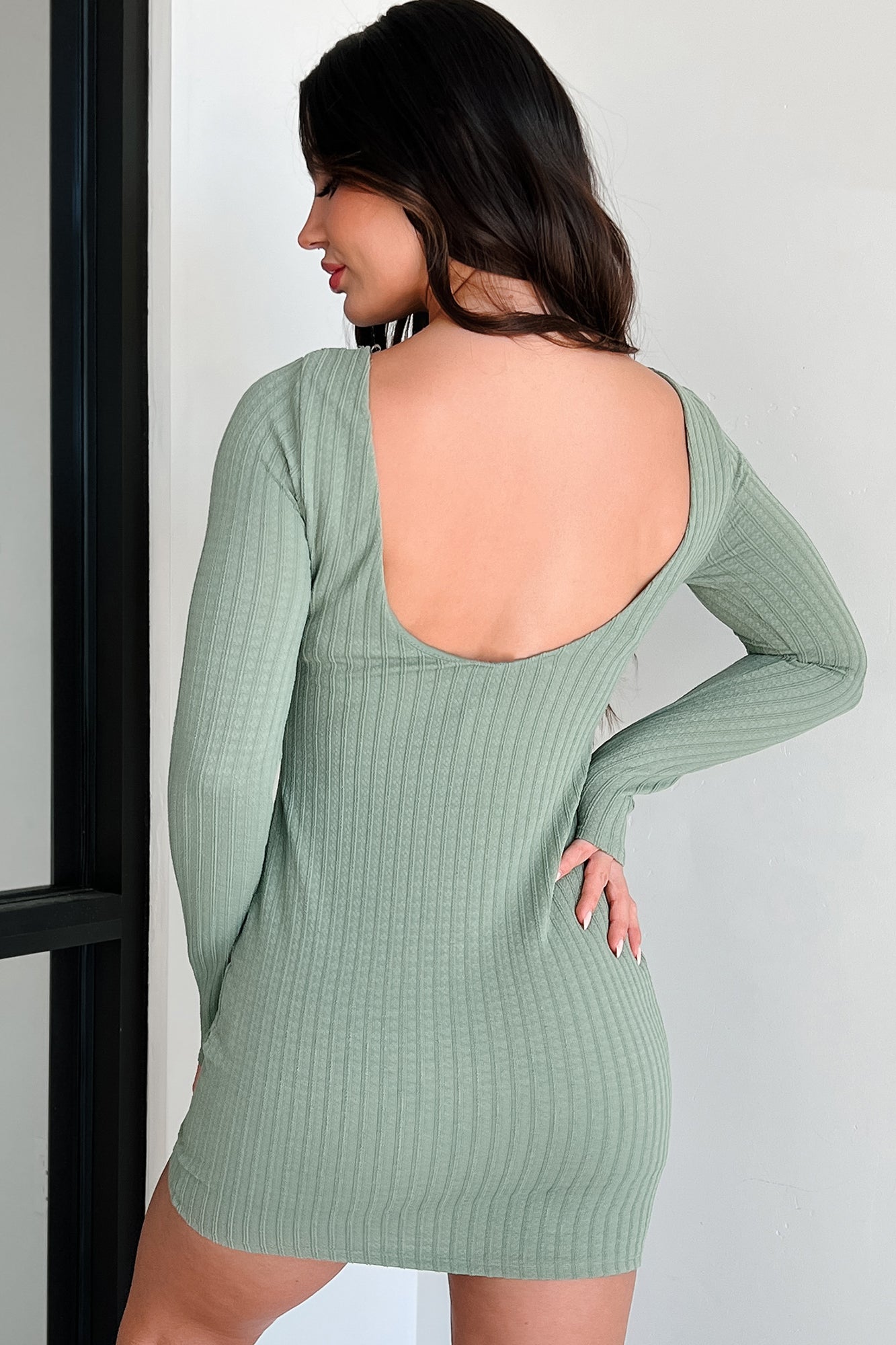 Wanna Be Loved Textured Knit Backless Mini Dress (Green) - NanaMacs