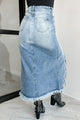 Gone Viral Frayed Hem Denim Skirt (Washed Denim)