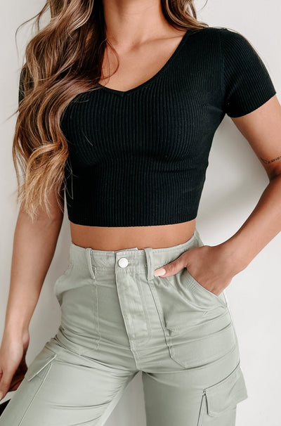 Make It Count Sweater Knit V-Neck Crop Top (Black) - NanaMacs