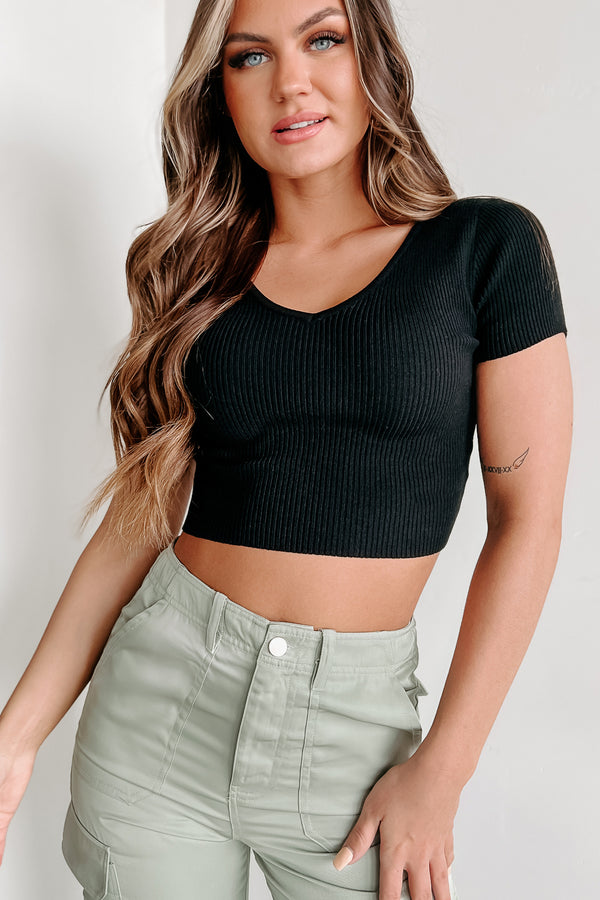 Make It Count Sweater Knit V-Neck Crop Top (Black) - NanaMacs